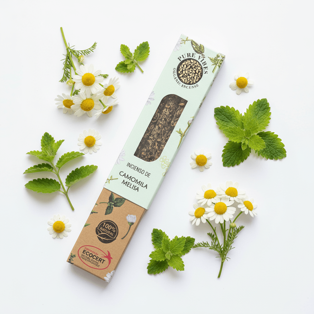 Incienso de Camomila Melisa Ecocert rodeado de flores y hojas frescas, perfecto para relajación.